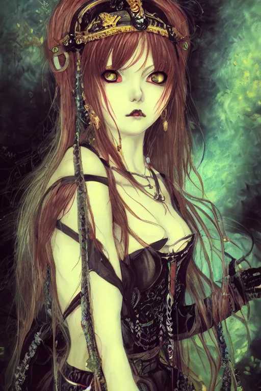 Image similar to portrait of beautiful young gothic anime maiden, cute. Anime, cyberpunk, Warhammer, highly detailed, artstation, illustration, art by Gustav Klimt