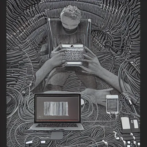 Image similar to illustration of a boy connected to his laptop with hundreds of wires, highly detailed, by butcher billy, mcbess, rutkowski, artgem, james jean, 8 k, photorealistic