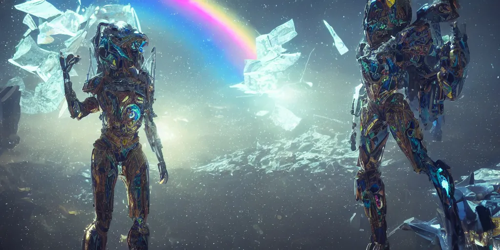 Prompt: a photo of 8k ultra realistic corrupted rainbow humanoid queen standing next to a spaceship window overlooking earth, swarm of incoherent shards, ornate white and gold armour, cinematic lighting, trending on artstation, 4k, hyperrealistic, focused, extreme details, unreal engine 5, cinematic, masterpiece
