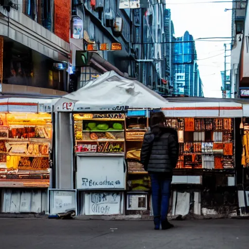 Prompt: a photo of a futuristic market stall at a street corner from the film'minority report'taken from a distance, dslr