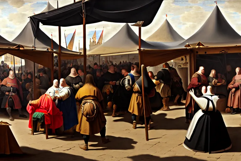 Prompt: A tent of a medieval market on detail selling mobile phones!!!!!! Some people walking around, close-up, trending on artstation, hyper detailed, sharp, baroque painting, painted by Velazquez