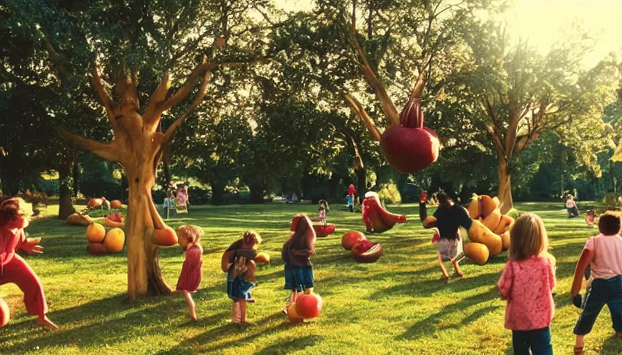 Image similar to 1990s candid photo of a beautiful day at the park, families playing, cinematic lighting, cinematic look, golden hour, large personified fruit people in the background, Enormous fruit people with friendly faces, kids talking to fruit people, UHD