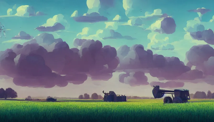 Prompt: hexagon in the sky, wheat field, harvesting machine, big tree, matte painting, art station, blue sky, simon stalenhag