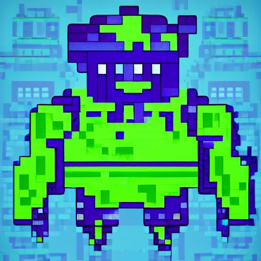 Prompt: blue robot ghost wearing a letterman jacket and genie pants, v mouth, cow lick hair practicing magic in a green slime filled city pixel art wide angle view realistic high detail