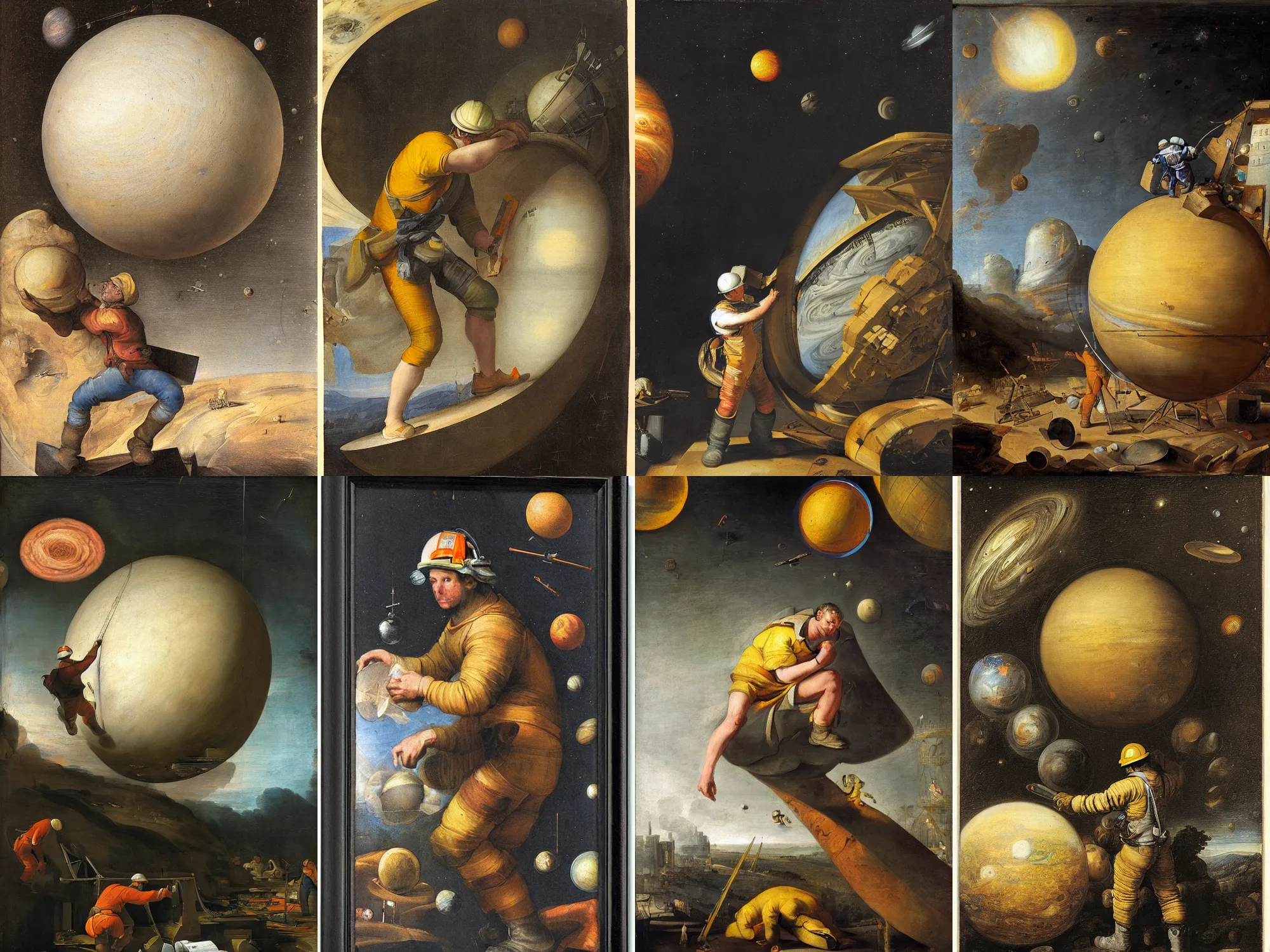 Prompt: Construction worker building the planet Jupiter in space by Rembrant