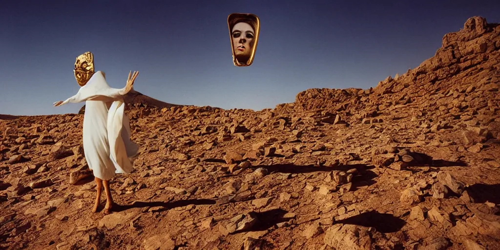 Image similar to levitating woman with full - face golden mask in a dry rocky desert landscape, visible sky and sunny atmosphere, fata morgana and giant mirrors by alejandro jodorowsky, anamorphic lens, kodakchrome, practical effects, masterpiece, 8 k