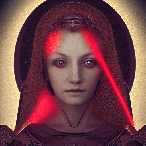 Prompt: portrait of a woman, small red eyes, unknown species, renaissance style, star wars character, volumetric lights, symmetry, headpiece, trending on artstation, sharp focus, leica, studio photo, intricate details, highly detailed