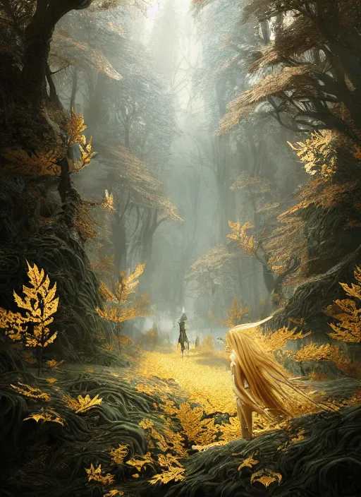 Prompt: magical forest with gold and silver leafs, music, girl with blond long hair, elves, lord of the rings style, ultra detailed, trending on artstation, concept art, octane render, unreal engine, by shinji aramaki, by christopher balaskas, by krenz cushart