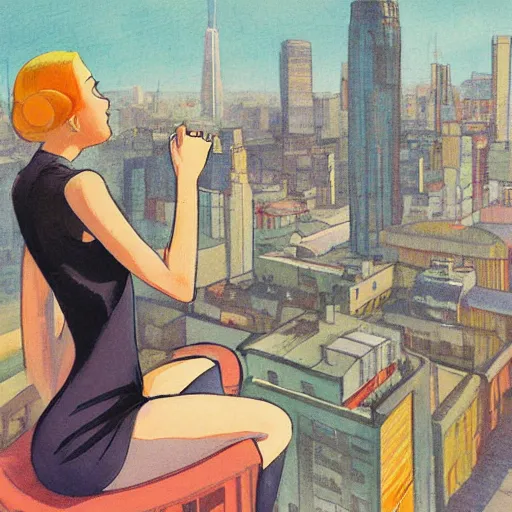 Prompt: woman sitting, city, looking down, street top view, by rossdraws, adrian wilkins, enoch bolles