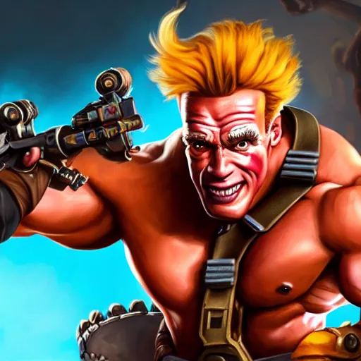 Image similar to a screenshot of arnold schwarzenegger as junkrat in overwatch holding bomb, portrait, fantasy, beautiful face, vivid colors, elegant, concept art, sharp focus, digital art, hyper - realistic, 4 k, unreal engine, highly detailed, hd, dramatic lighting by brom, trending on artstation