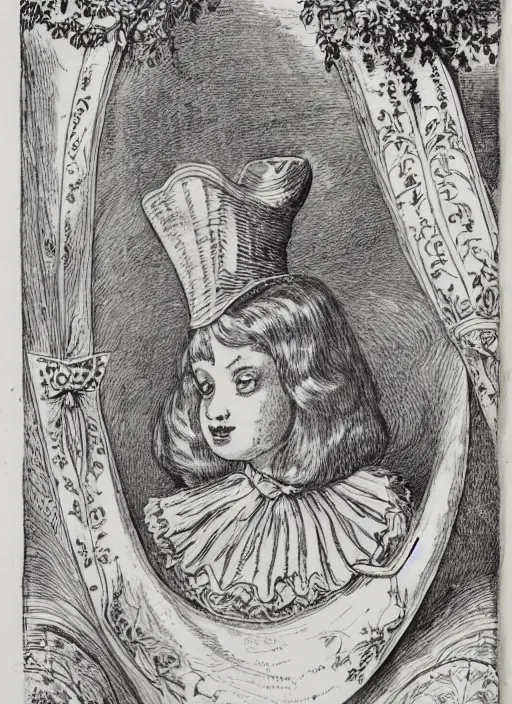 Image similar to A pen and ink illustration of portrait of alice in wonderland, ornate border around the side, 1800's style design