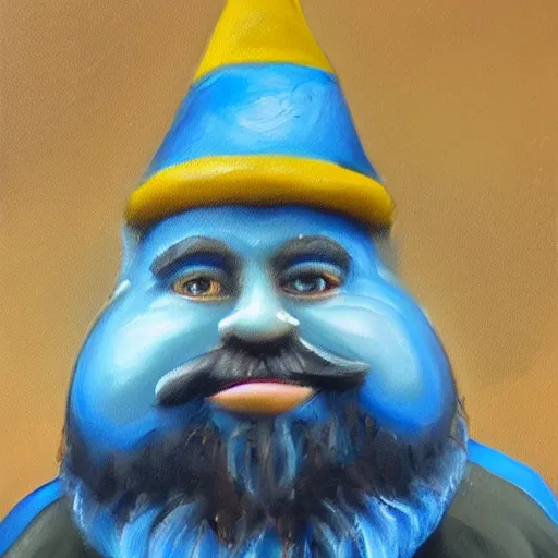 Image similar to professional oil painting portrait of a happy blue gnome, 8k, very intricate, very detailed, formal,