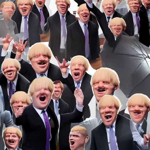 Prompt: many clones of boris johnson run riot inside a greggs