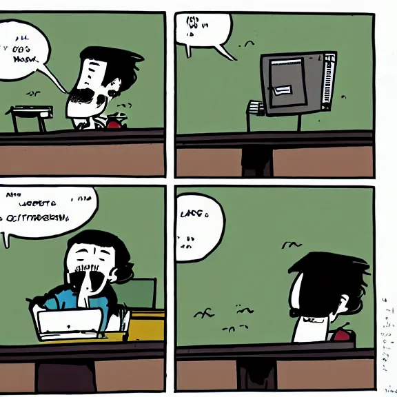 Image similar to bill waterson illustration of a man frustrated with a computer