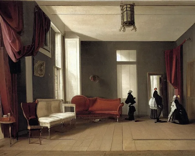 Prompt: A painting of a cosy hallway, couches, chairs, sofas, oil on canvas, by Pieter Claesz, sharp