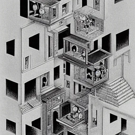 Image similar to black and white illustration of an impossible image by M.C. Escher