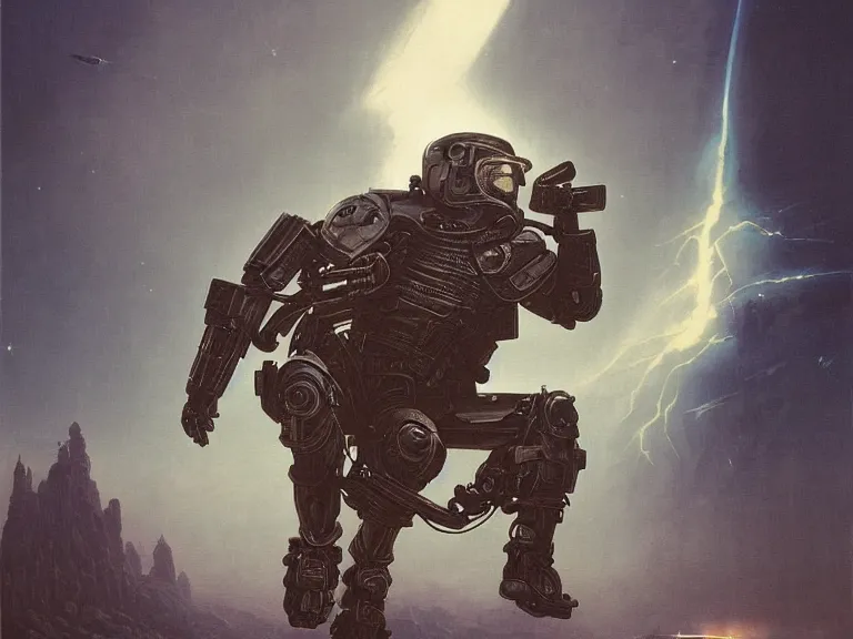 Image similar to a detailed profile painting of a bounty hunter in armour and visor, cinematic sci-fi poster. Spaceship high in the background. Flight suit, spartan armour faceplate anatomy portrait symmetrical and science fiction theme with lightning, aurora lighting clouds and stars. Clean and minimal design by beksinski carl spitzweg giger and tuomas korpi. baroque elements. baroque element. intricate artwork by caravaggio. Oil painting. Trending on artstation. 8k