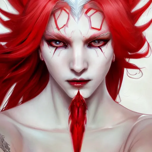 Image similar to ultra realistic illustration, dream humanoid demon girl with white hair, red horns, in white clothes, red eyes, intricate, elegant, highly detailed, digital painting, artstation, concept art, smooth, sharp focus, illustration, art by artgerm and greg rutkowski and alphonse mucha