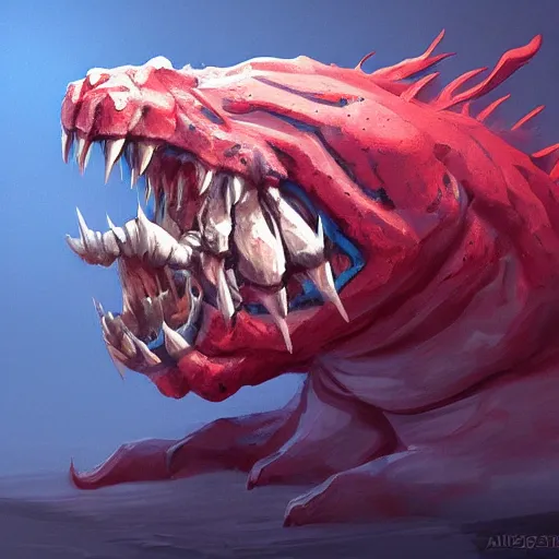 Image similar to larvae monster on dirt, trending on artstation, style of Artgerm and Greg Manchess, red and white lighting, blue glow