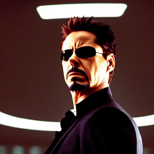 Image similar to cinematic still of Tony Stark in The Matrix (1999), XF IQ4, f/1.4, ISO 200, 1/160s, 8K, RAW, dramatic lighting, symmetrical balance, in-frame