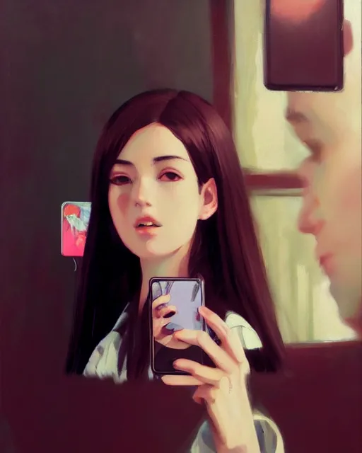 Prompt: A ultradetailed beautiful portrait panting of a stylish girl taking a selfie, Oil painting, by Ilya Kuvshinov, Greg Rutkowski and Makoto Shinkai