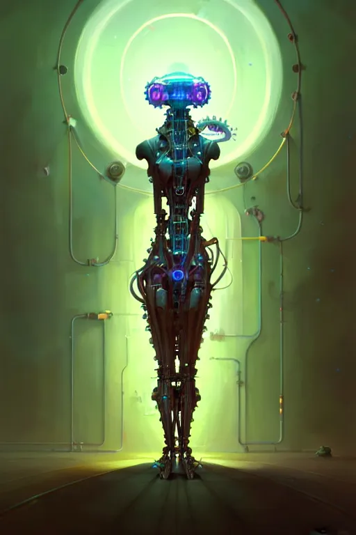 Image similar to portrait, biomechanical bioluminescent creature, cyberpunk, elegant baroque, asymmetrical art, hyperrealism colorful, vivid, imposing, epic, digital painting, artstation, concept art, by peter mohrbacher and wlop and rhads