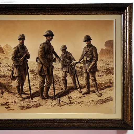 Image similar to ultra detailed photorealistic sepia - toned painting from 1 9 1 7, three british soldiers standing at an archaeological dig site in wadi rum, ultra realistic, painted, intricate details, lovecraft, atmospheric, dark, horror, brooding, highly detailed, by dave dorman