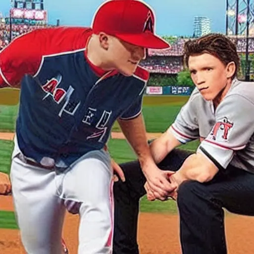 Image similar to “a realistic detailed photo of a guy who is named Mike Trout a baseball player , hypnotized by Tom Holland using a watch”