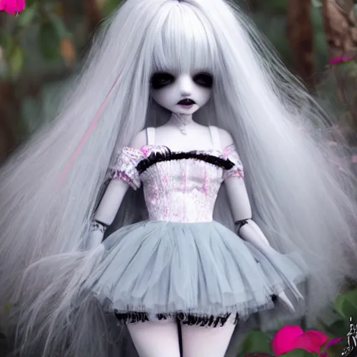 Image similar to a pretty full body woman BJD doll, grey hair, sad eyebrows, symetric eyes, photo realistic, heart mouth, torn tule tutu, melancholic atmosphere, gothic atmosphere, dark palette, pastel palette, bloodborn, pale roses