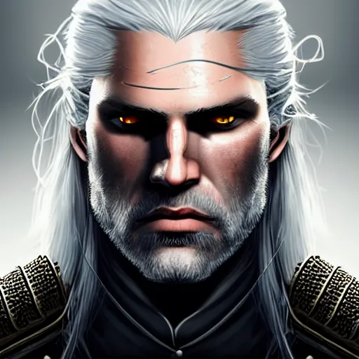 Image similar to Geralt of Rivia, golden eyes, silver hair, wolf pedant, 4k, artstation, cgsociety, award-winning, masterpiece, stunning, beautiful, glorious, powerful, fantasy art