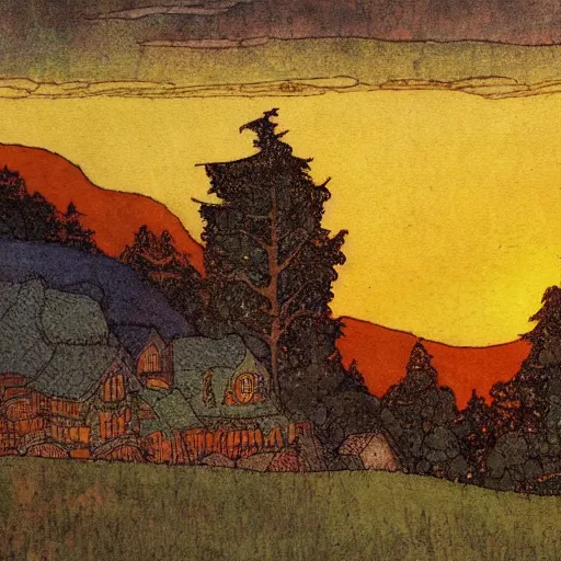 Image similar to a tilt-shift photograph of an Edmund Dulac and Ivan Bilibin inspired village scene and of a sunset and mountains. natural sunlight, golden hour. detailed, full color scheme