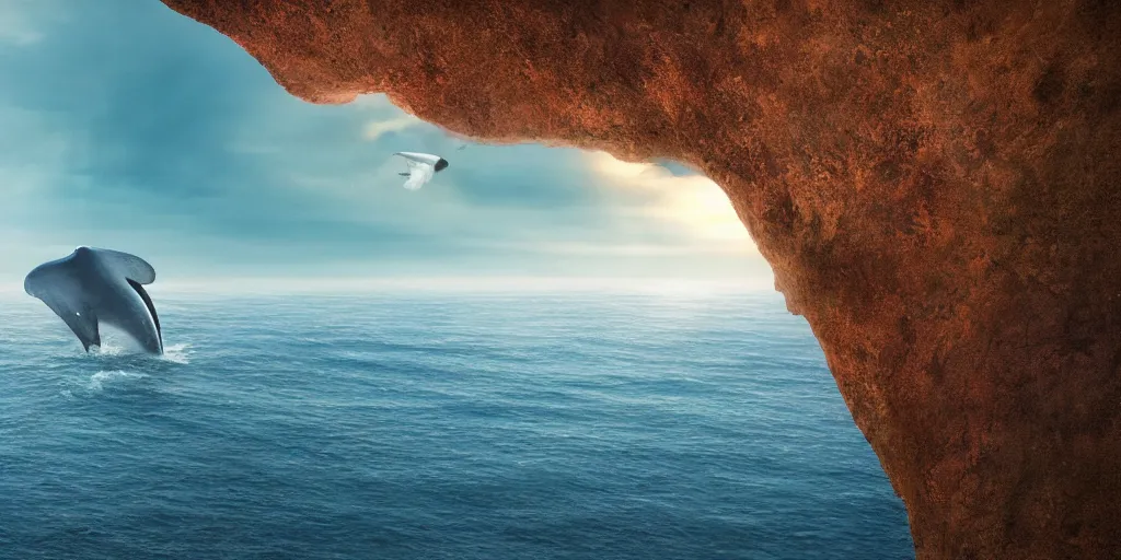 Prompt: Field on the edge of a cliff overlooking an ocean with a whale in it by Jessica Rossier