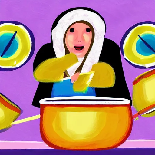 Image similar to a babushka playing drums, the drums look like bowls of oatmeal, digital art