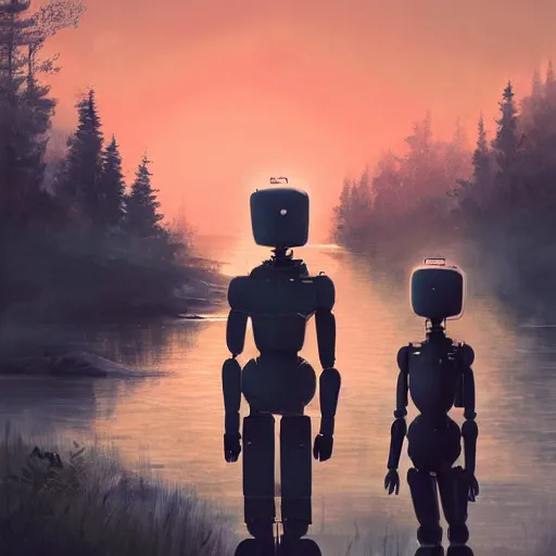 Prompt: Beautiful cinematic scene of a couple of two damaged and broken humanoid robots standing near a river, at night, peaceful, science fiction, award-winning, cinematic lighting, insanely detailed, very realistic, Artstation, Cgsociety, by Simon Stalenhag, directed by Denis Villeneuve, filmic