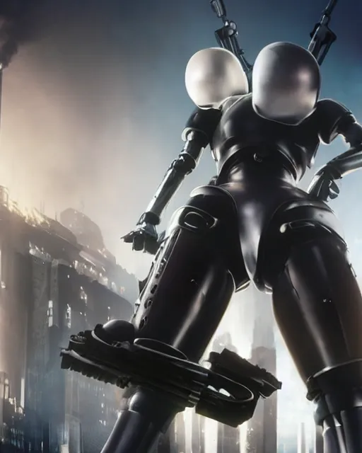 Image similar to film still close - up shot of 2 b nier automata as robocop from the movie robocop. photographic, photography