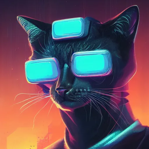 Prompt: detailed portrait of a cat, synthwave, retrowave, cyberpunk, illustration by jordan grimmer and greg rutkowski, trending on artstation