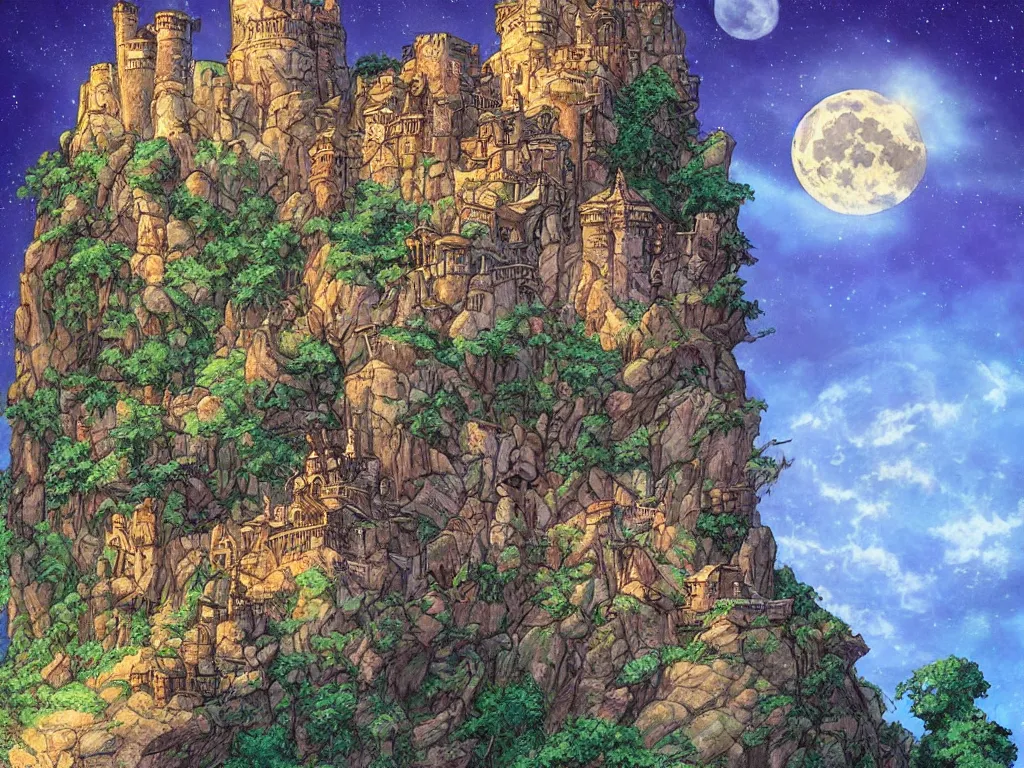 Prompt: a cliffside fortress built into a mountain, art by Don Bluth, midnight, full moon, cinematic, intricate, very detailed, masterpiece, vibrant vivid colors