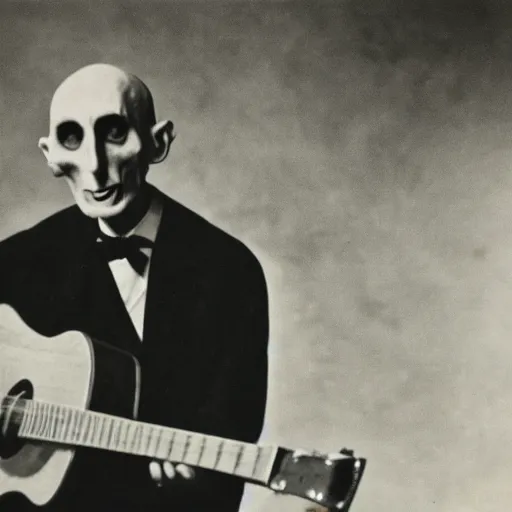 Image similar to vintage photograph of count orlok outside his castle, playing the blues on guitar, castle in the background, 4 k