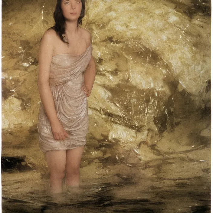 Image similar to a closeup portrait of a woman wrapped in plastic, standing in front of flooded saturn covered in water, color photograph, by vincent desiderio, canon eos c 3 0 0, ƒ 1. 8, 3 5 mm, 8 k, medium - format print
