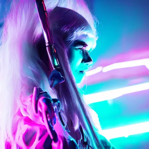 Image similar to grimes onstage, volumetric neon lights in the background, gleaming, 3 5 mm photography, portrait!!!!!!, trending on artstation, 4 k, 8 k, zbrush, mannerism