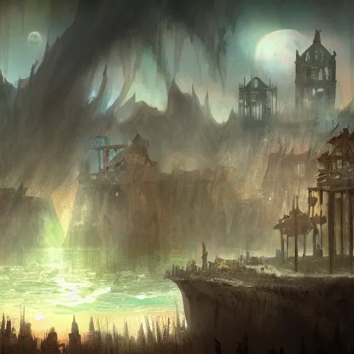 Prompt: the city of decay floats on an island of despair. fantasy concept art