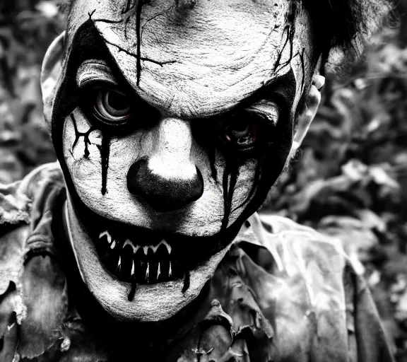 Image similar to zombie clown spotted in a dark forest, found footage, black and white