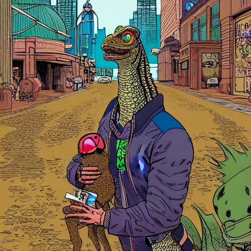 Image similar to intricate detailed color illustration of a cyberpunk street kid with a pet dinosaur, in the style of Geof Darrow