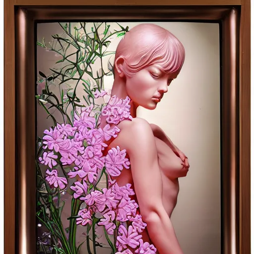 Prompt: baby pink flowers growing inside a glass figure, art by peter lloyd, 1 9 8 0's art, airbrush style, art by hajime sorayama,, intricate, elegant, sharp focus, illustration, highly detailed, concept art h 8 0 0