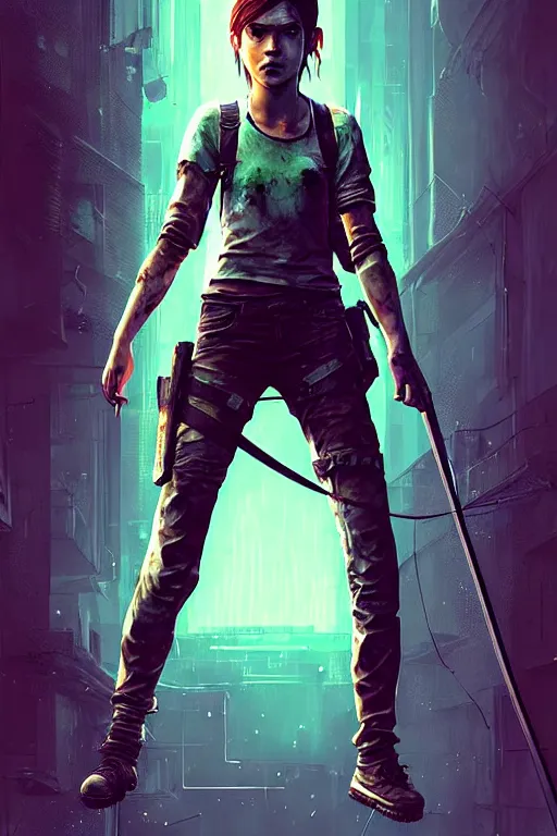 Prompt: ellie from the last of us part 2, cyberpunk futuristic neon. fencing, long sword in her hand, decorated with traditional japanese ornaments by ismail inceoglu dragan bibin hans thoma greg rutkowski alexandros pyromallis nekro rene maritte illustrated, perfect face, fine details, realistic shaded, fine - face, pretty face, masterpiece