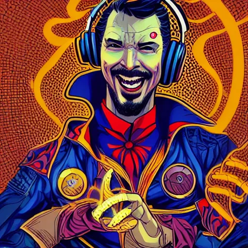 Image similar to artgerm, psychedelic laughing cybertronic dr. strange, rocking out, headphones dj rave, digital artwork, r. crumb, svg vector