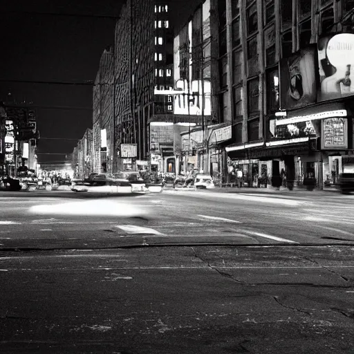 Image similar to color photograph, highly detailed abandoned New York city street at night after the war between humans and AIs, film grain, soft vignette, sigma 85mm f/1.4 1/10 sec shutter, film still promotional image, IMAX 70mm footage