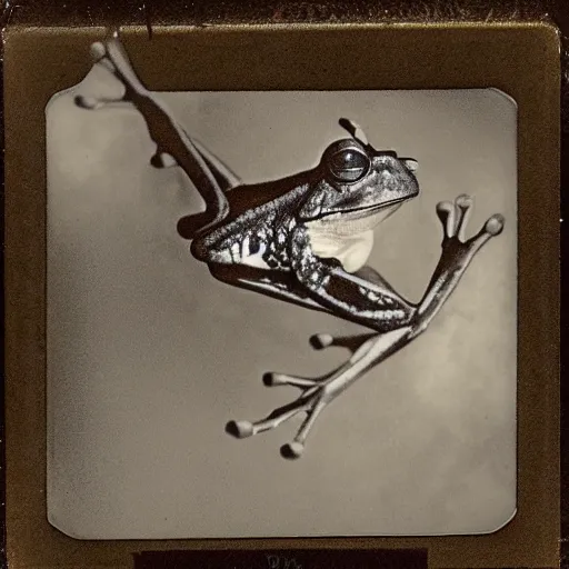 Image similar to flying frog, polaroid photography in style of andrey tarkovski, paranormal, spiritual, mystical, sublime