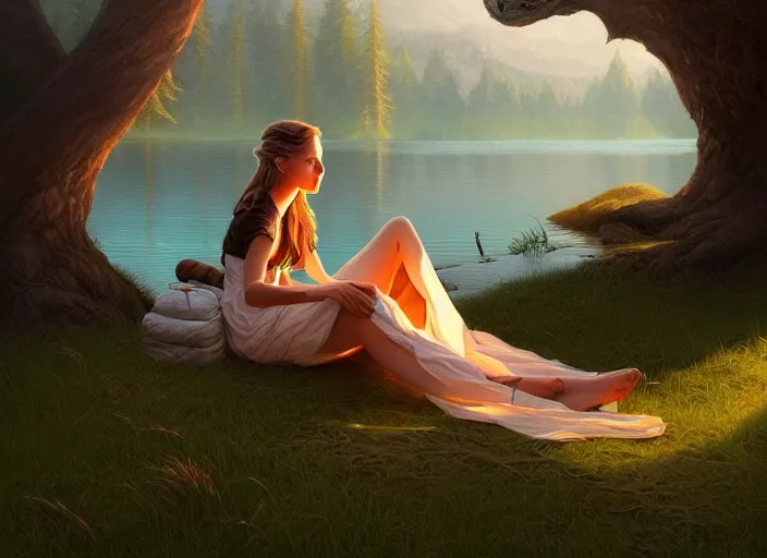 Prompt: full portrait of mage traveller resting at her tent at a lake. intricate, elegant, highly detailed, digital painting, artstation, concept art, smooth, sharp focus, illustration, art by artgerm and greg rutkowski and, 8 k
