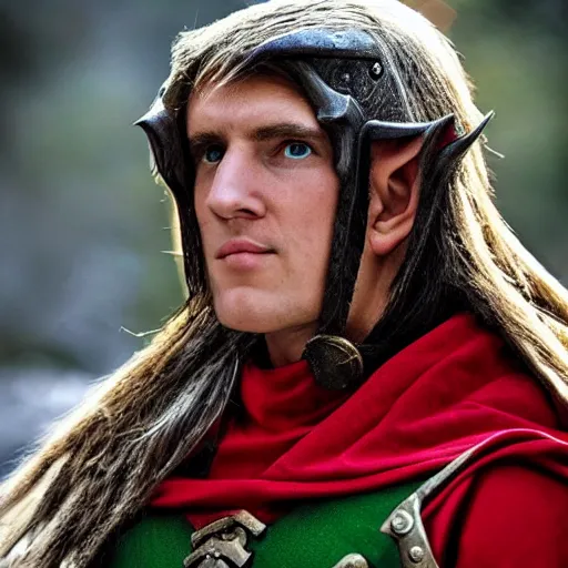 Prompt: a head and shoulders action portrait photo of an elf paladin, photo by frank miller